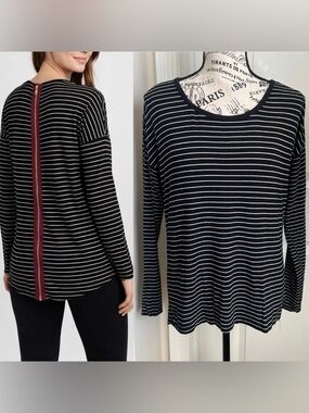 Pink Rose Striped Zipper Back Detail Long Sleeve Top Black & White Sz M